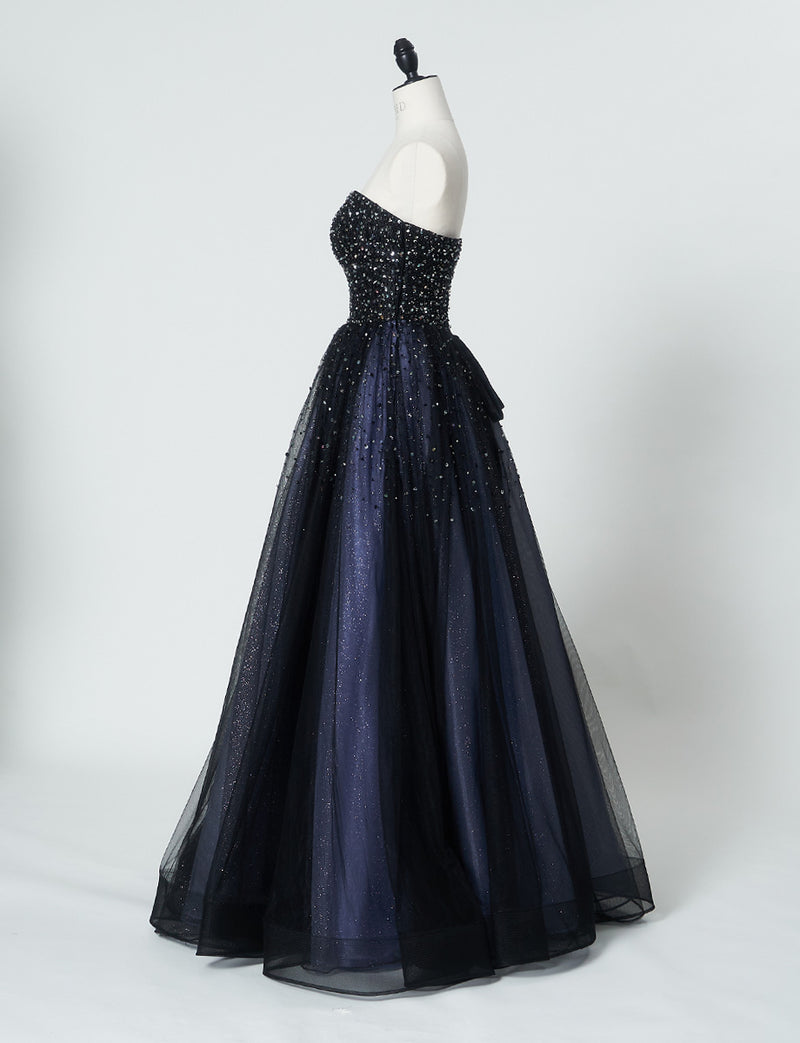TWEED DRESS(ツイードドレス)のブルーグレーロングドレス・チュール｜TN2030-BLGYのトルソー全身側面画像です。