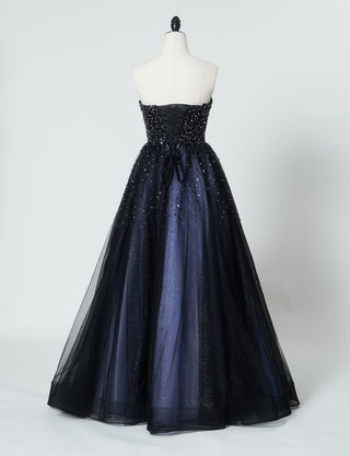 TWEED DRESS(ツイードドレス)のブルーグレーロングドレス・チュール｜TN2030-BLGYのトルソー全身背面画像です。