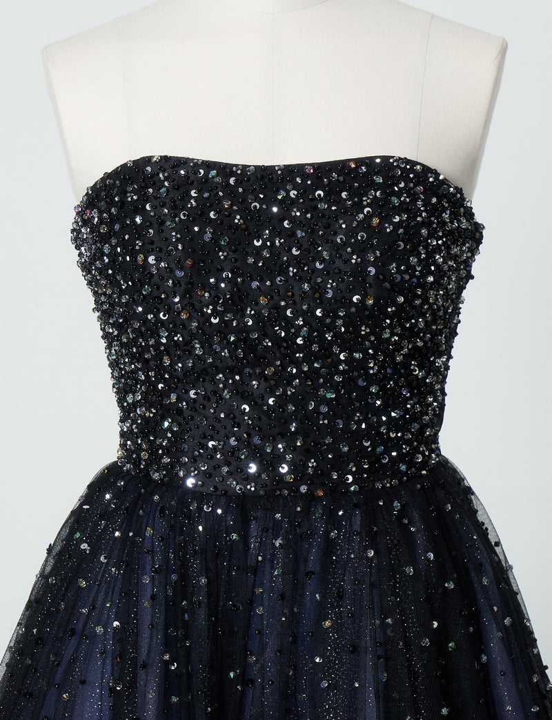 TWEED DRESS(ツイードドレス)のブルーグレーロングドレス・チュール｜TN2030-BLGYのトルソー上半身正面画像です。