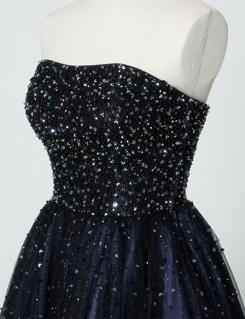 TWEED DRESS(ツイードドレス)のブルーグレーロングドレス・チュール｜TN2030-BLGYのトルソー上半身斜め画像です。