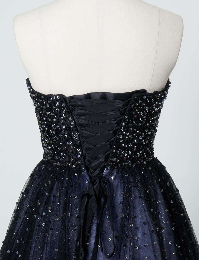 TWEED DRESS(ツイードドレス)のブルーグレーロングドレス・チュール｜TN2030-BLGYのトルソー上半身背面画像です。