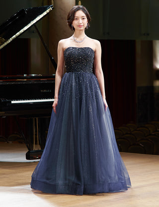 TWEED DRESS(ツイードドレス)のダークネイビーロングドレス・チュール｜TN2030-DNYの全身正面画像です。