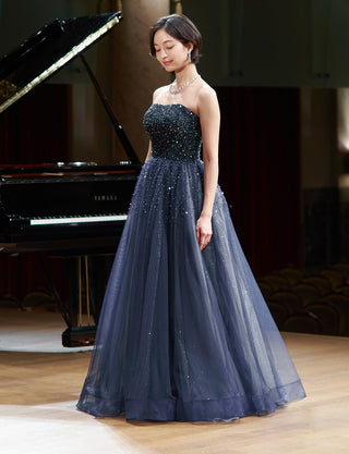 TWEED DRESS(ツイードドレス)のダークネイビーロングドレス・チュール｜TN2030-DNYの全身斜め画像です。