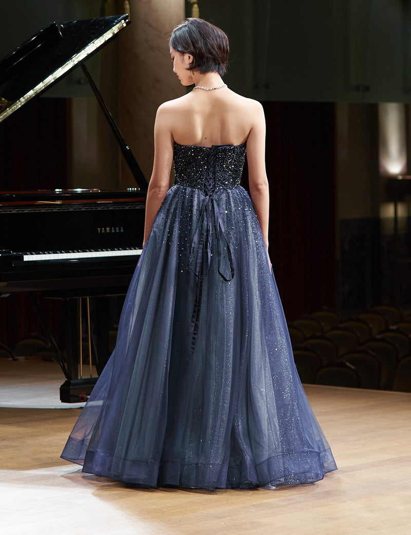 TWEED DRESS(ツイードドレス)のダークネイビーロングドレス・チュール｜TN2030-DNYの全身背面画像です。