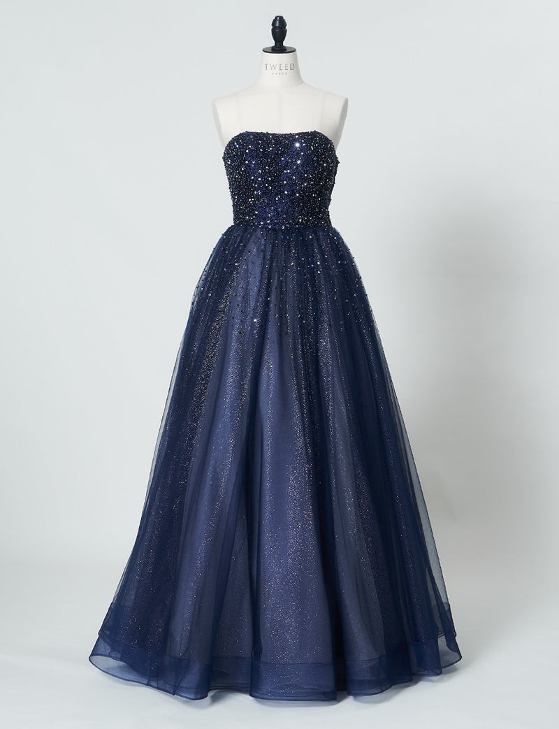 TWEED DRESS(ツイードドレス)のダークネイビーロングドレス・チュール｜TN2030-DNYのトルソー全身正面画像です。