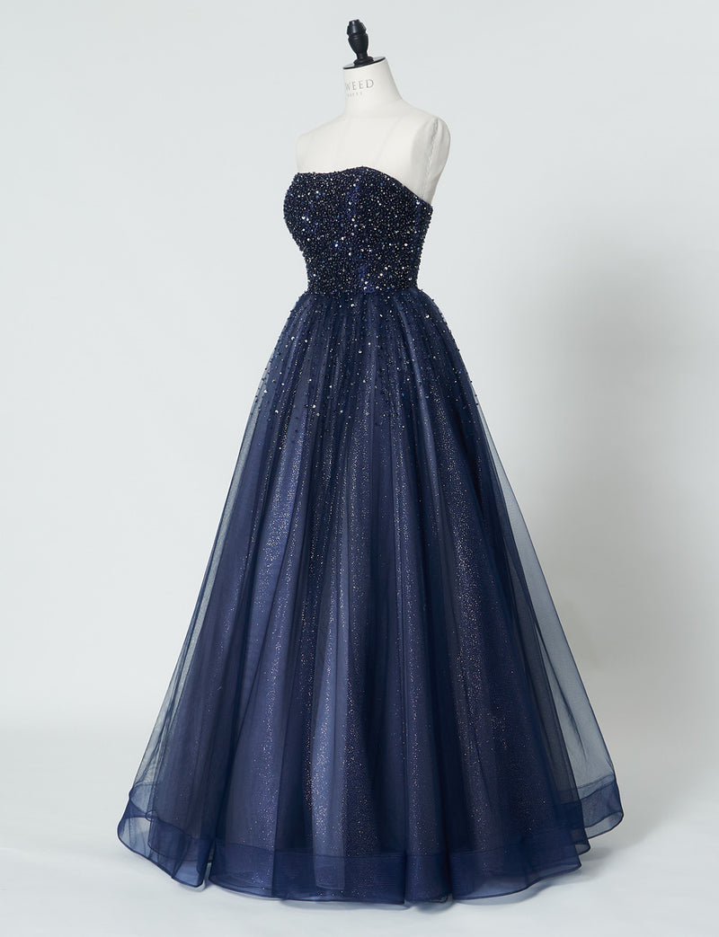 TWEED DRESS(ツイードドレス)のダークネイビーロングドレス・チュール｜TN2030-DNYのトルソー全身斜め画像です。