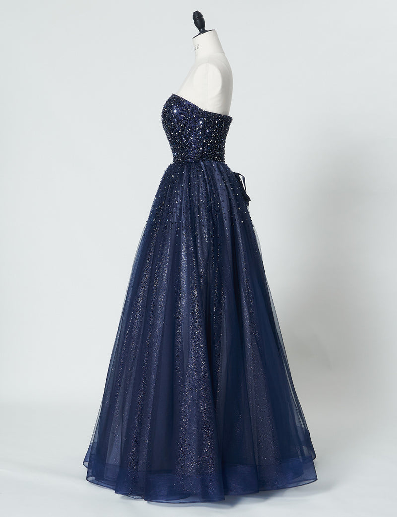 TWEED DRESS(ツイードドレス)のダークネイビーロングドレス・チュール｜TN2030-DNYのトルソー全身側面画像です。