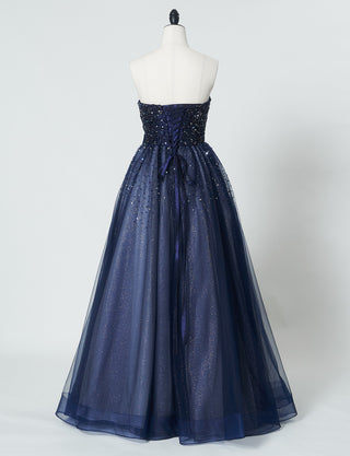 TWEED DRESS(ツイードドレス)のダークネイビーロングドレス・チュール｜TN2030-DNYのトルソー全身背面画像です。