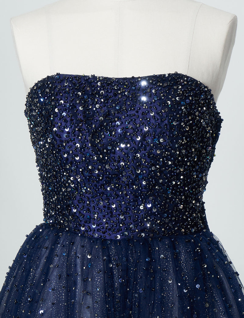 TWEED DRESS(ツイードドレス)のダークネイビーロングドレス・チュール｜TN2030-DNYのトルソー上半身正面画像です。