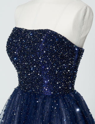 TWEED DRESS(ツイードドレス)のダークネイビーロングドレス・チュール｜TN2030-DNYのトルソー上半身斜め画像です。