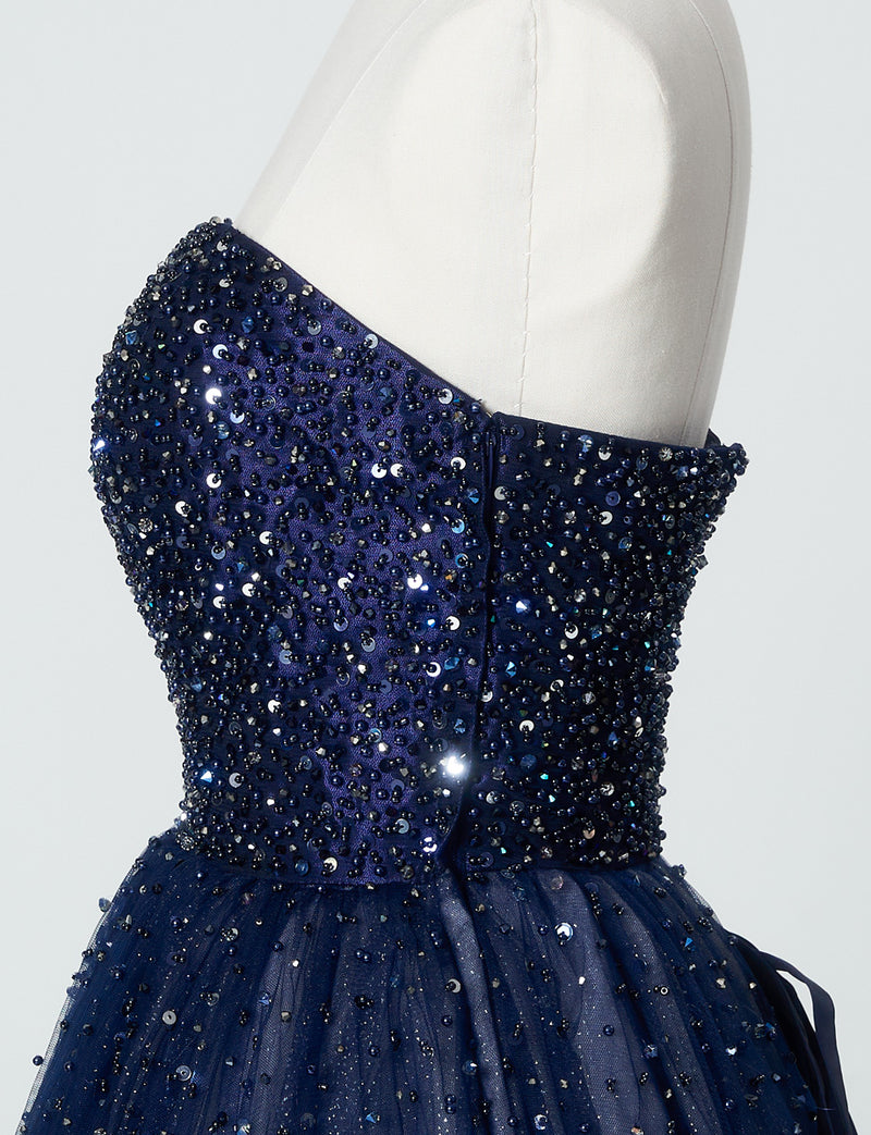 TWEED DRESS(ツイードドレス)のダークネイビーロングドレス・チュール｜TN2030-DNYのトルソー上半身側面画像です。