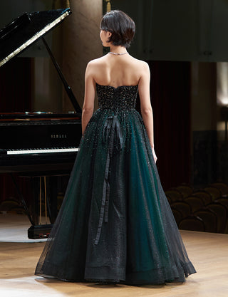 TWEED DRESS(ツイードドレス)のグリーンロングドレス・チュール｜TN2030-GNの全身背面画像です。