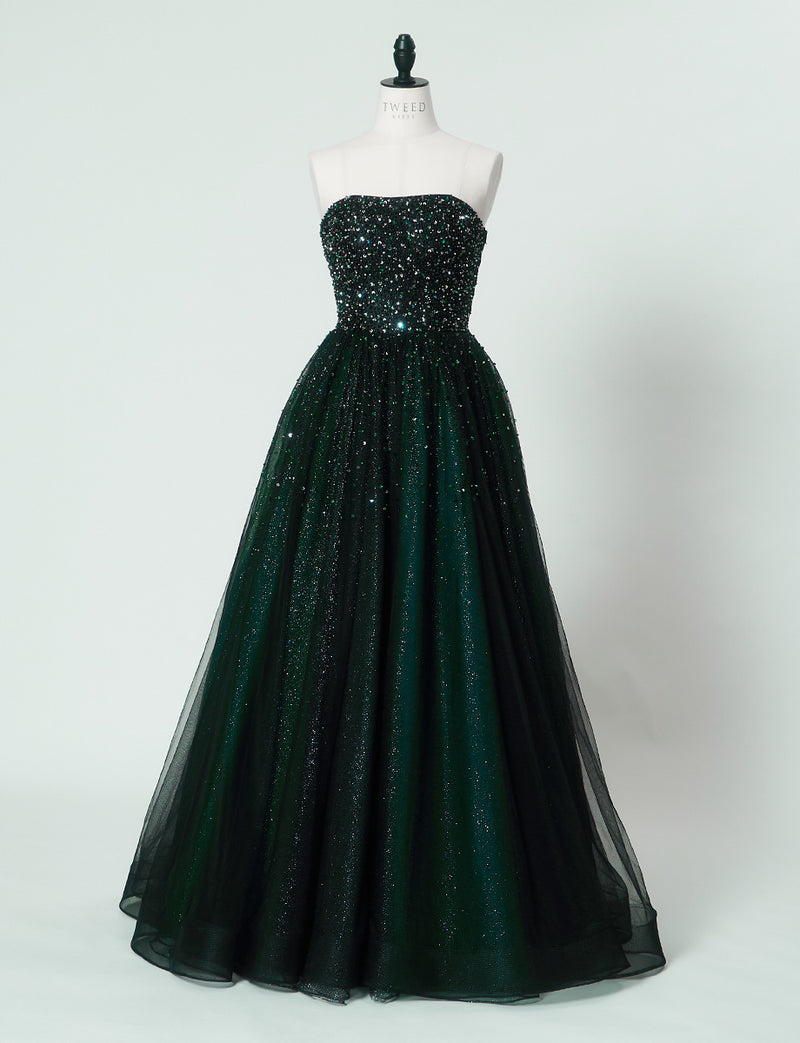 TWEED DRESS(ツイードドレス)のグリーンロングドレス・チュール｜TN2030-GNのトルソー全身正面画像です。