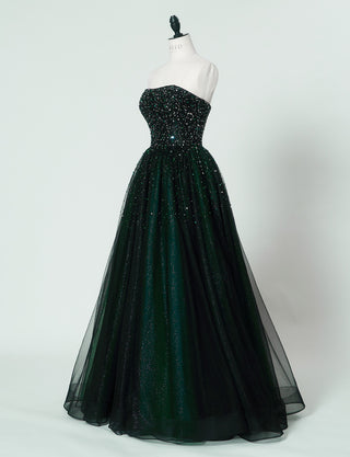 TWEED DRESS(ツイードドレス)のグリーンロングドレス・チュール｜TN2030-GNのトルソー全身斜め画像です。