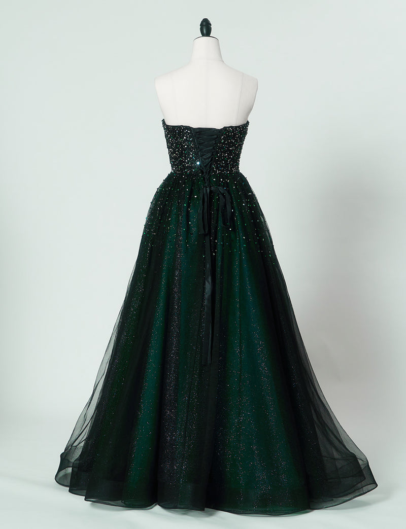 TWEED DRESS(ツイードドレス)のグリーンロングドレス・チュール｜TN2030-GNのトルソー全身背面画像です。