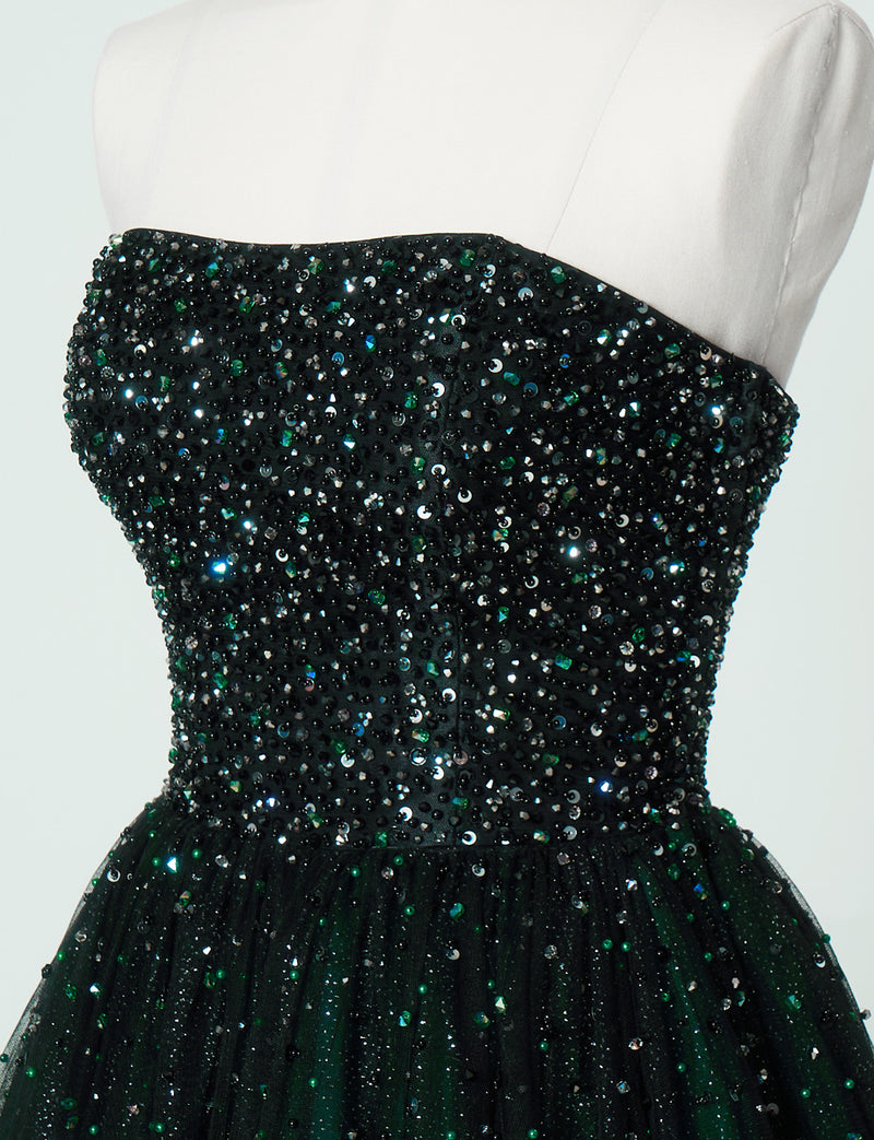 TWEED DRESS(ツイードドレス)のグリーンロングドレス・チュール｜TN2030-GNのトルソー上半身斜め画像です。