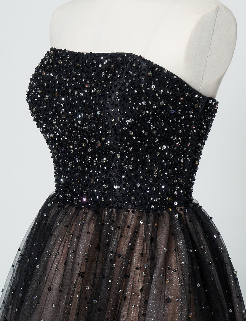 TWEED DRESS(ツイードドレス)のピンクベージュロングドレス・チュール｜TN2030-PKBEのトルソー上半身斜め画像です。