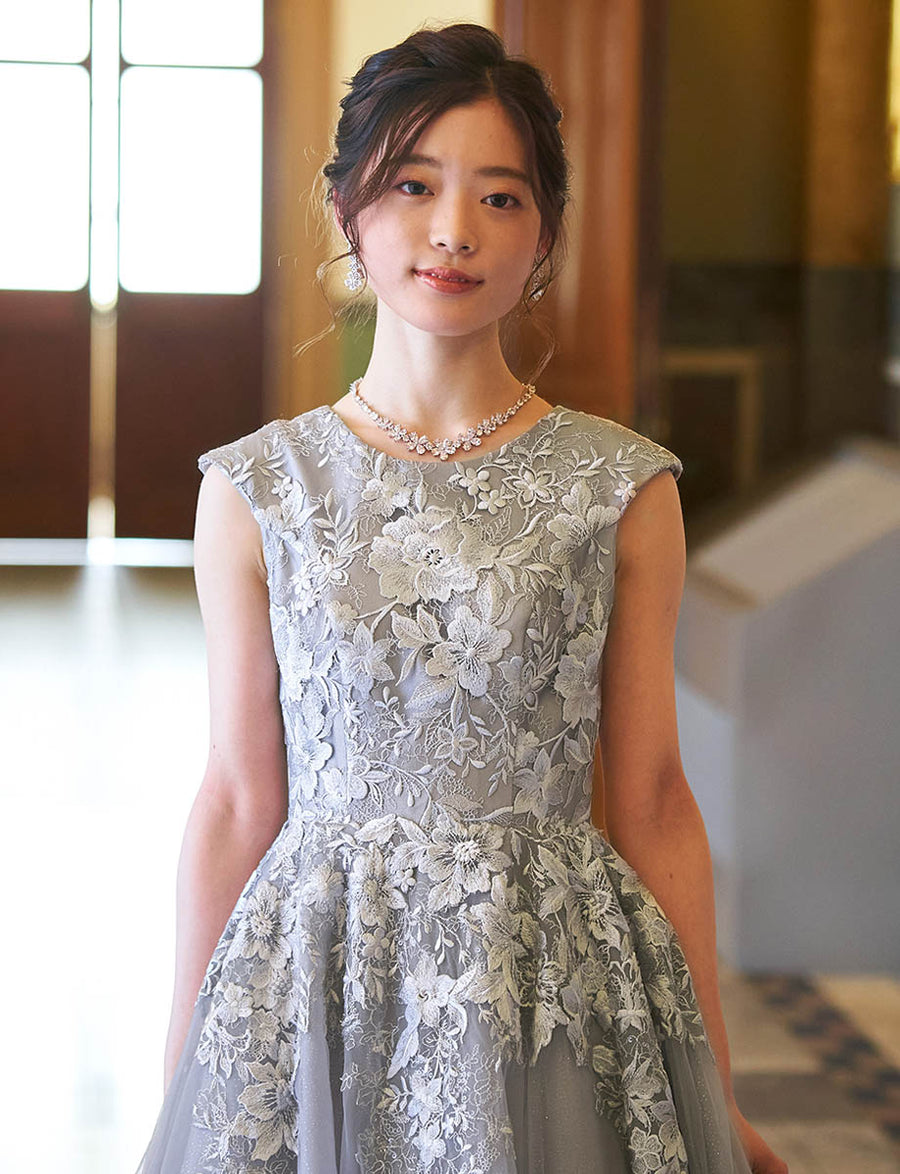 ツィードドレスTWEED ファインフェザー演奏会ドレス７号シルバーライトグレー ロングドレス シルバー 花柄レース ノースリーブ 演奏会