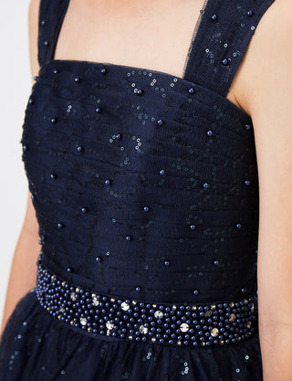 TWEED GIRL(ツイードガール)のダークネイビーロングドレス・スパンコールチュール｜TWJ9101-DNYの上半身装飾拡大画像です。
