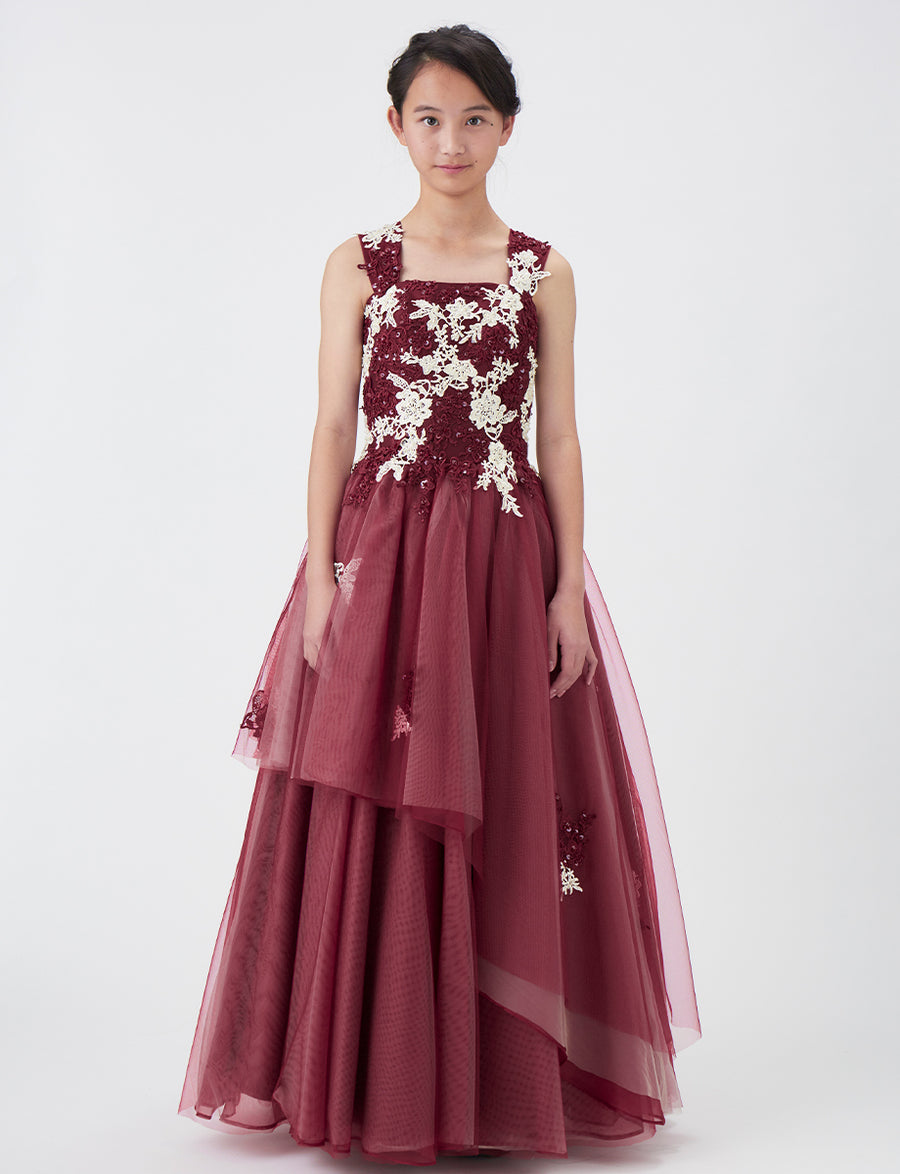 tweed ジュニア　レッドドレス 小中学生 コンクールドレス・発表会ドレスにお薦めワインレッド