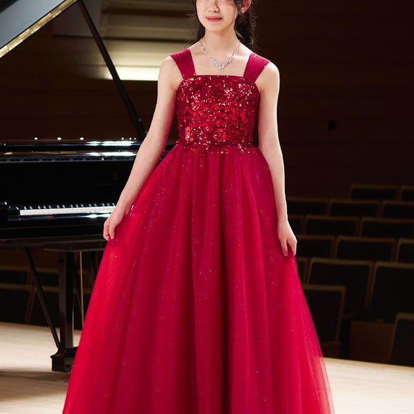 tweed ジュニア　レッドドレス 発表会ドレス 中学生 ピアノ 演奏会ドレスにお薦めジュニア